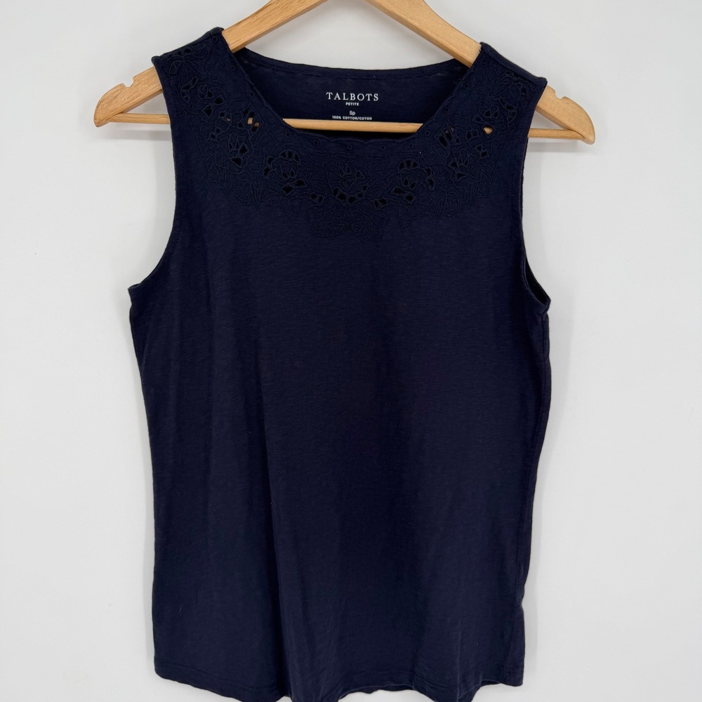 Talbots Top SP Navy Blue Cotton Eyelet Embroidered Sleeveless‎ Nautical Classic